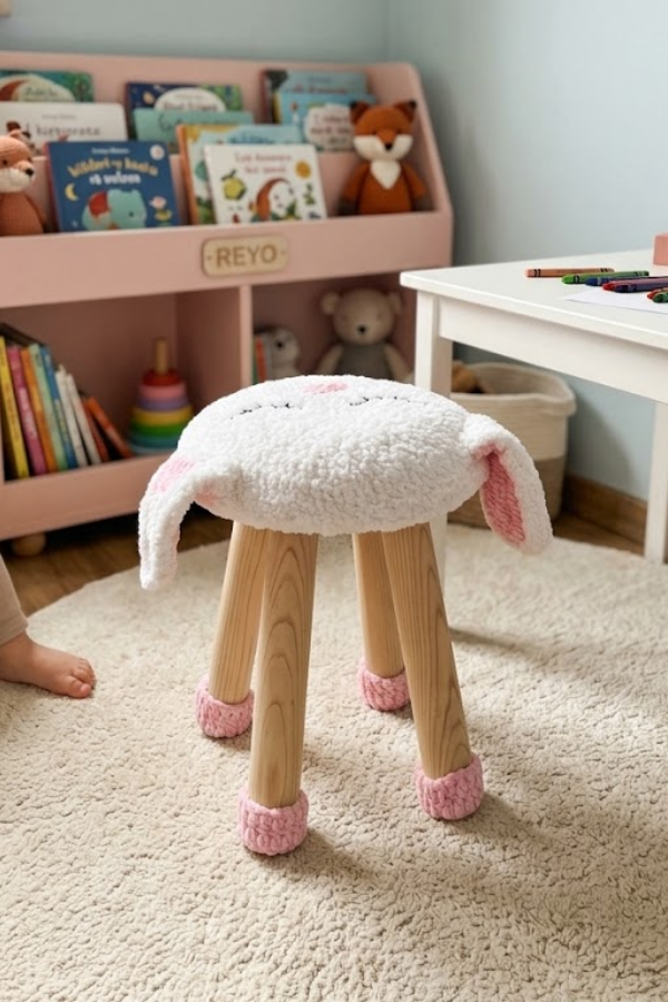 Reyo Hayvan Figürlü Ahşap Amigurumi Çocuk Taburesi Tavşan