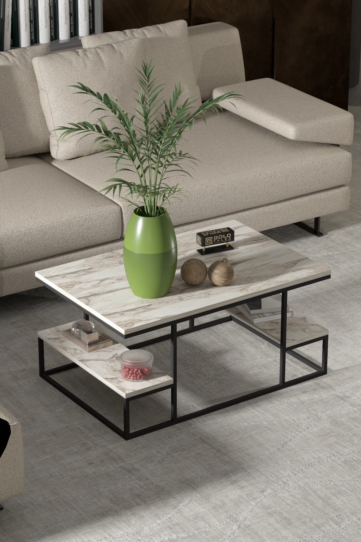 Reyo Falez Deluxe Raflı Orta Sehpa 60x90 cm Modern Dikdörtgen Orta Sehpa Mermer Desen