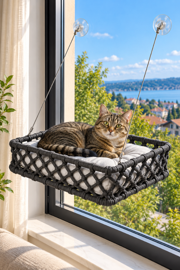 Tasaryum El İşçiliği Bohem Makrome Kedi ve Küçük Köpek Cam Hamak Yatağı Güçlü Vantuzlu, Minderli - Antrasit