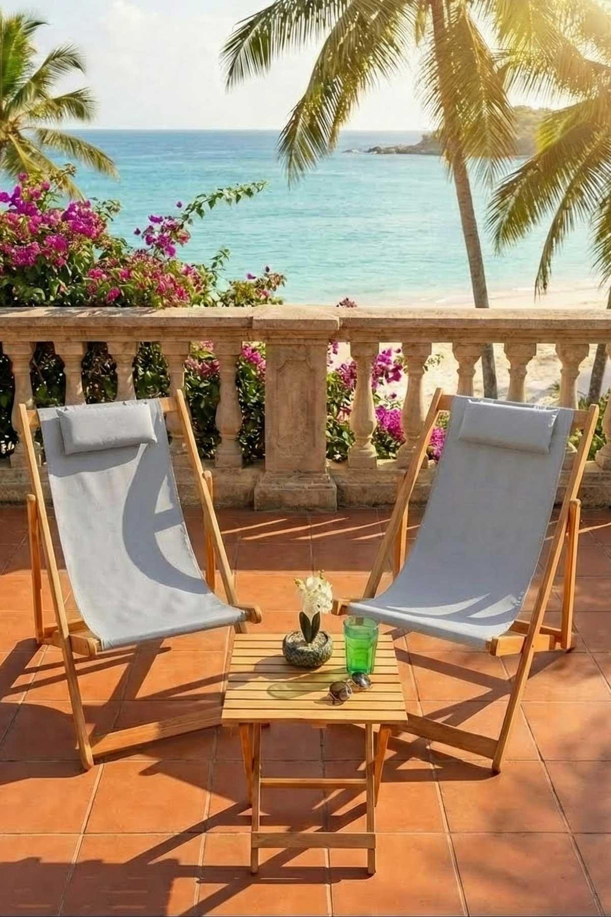 Bysay Ahşap Katlanabilir Taşinır Şezlong Plaj Bahçe Teras Balkon Sandalyesi 3'lü Takım Gri