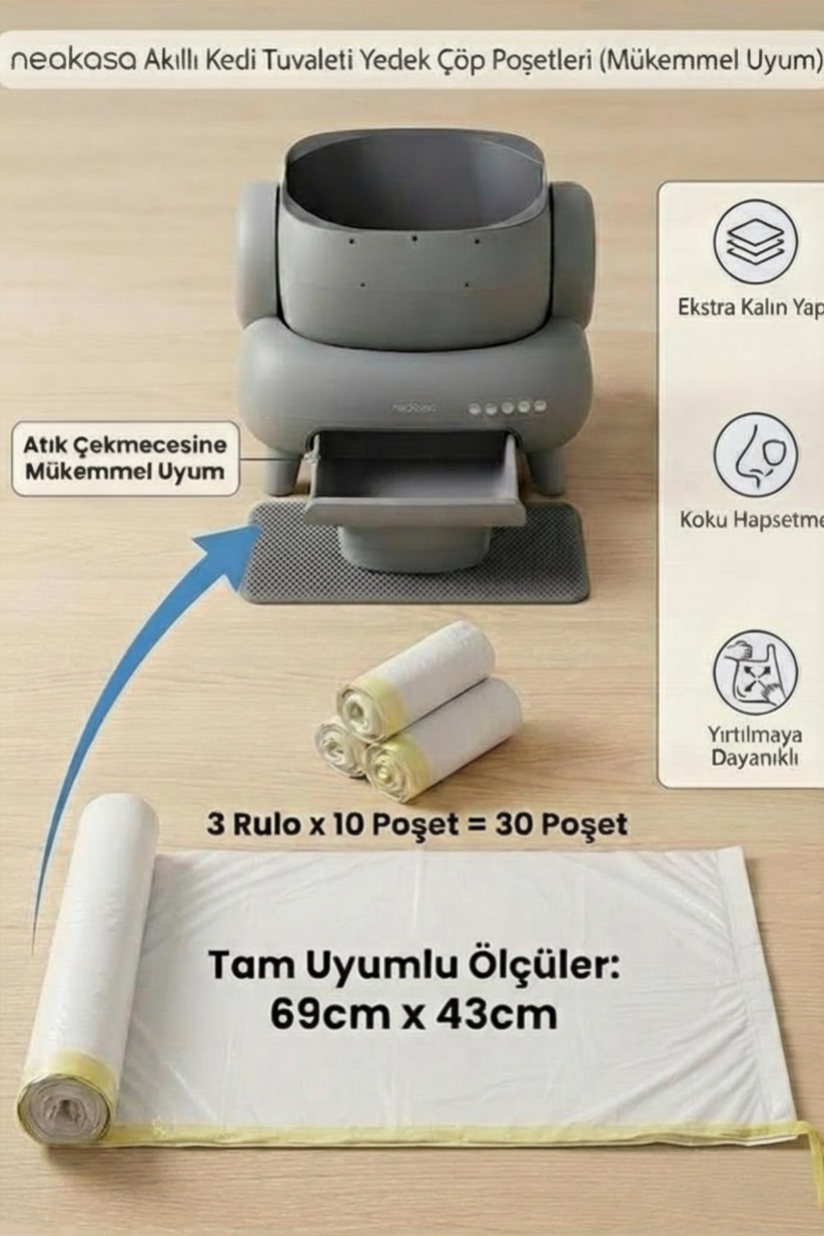 Reyo Neakasa Uyumlu Otomatik Kedi Tuvaleti Yedek Çöp Poşeti 30'lu 69x43 cm – Büyük Boy Dayanıklı İç Torba