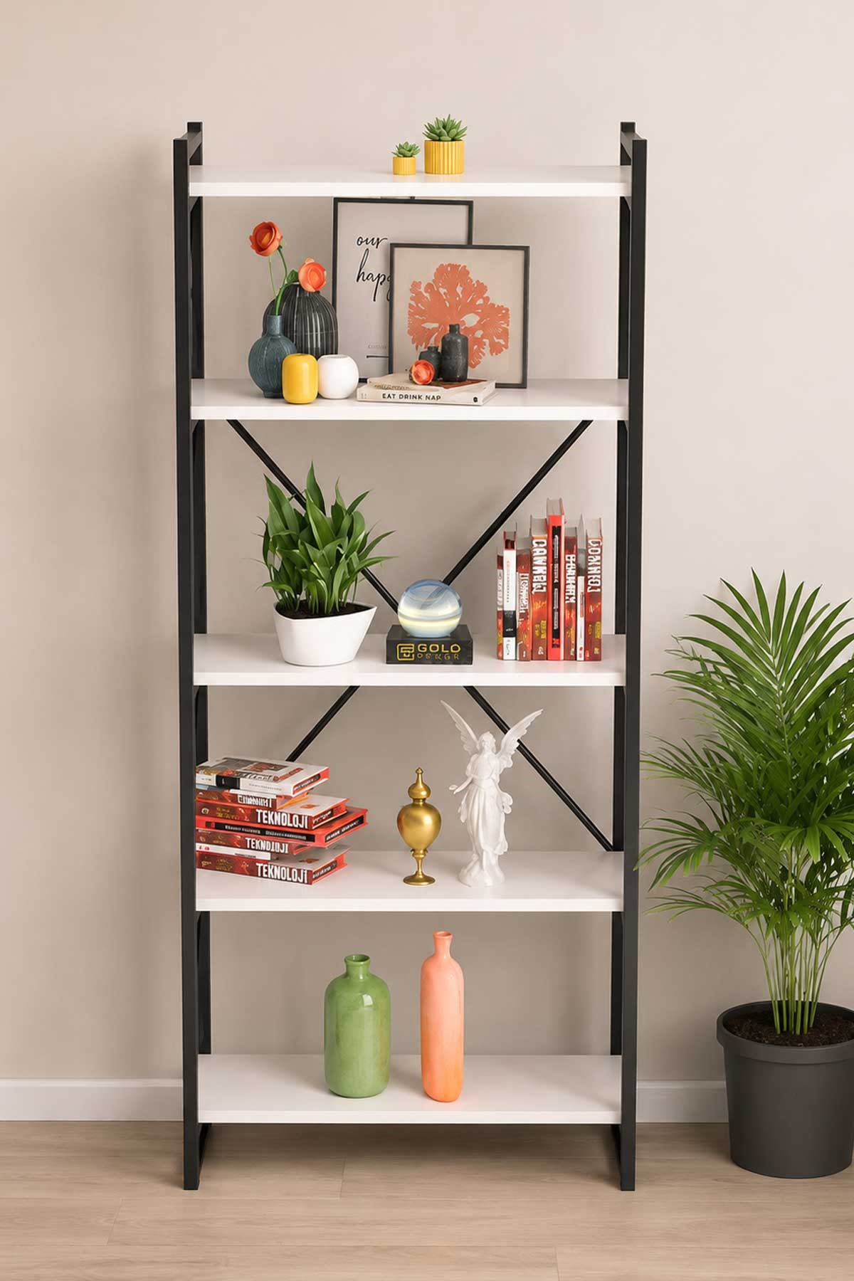 Reyo Falez Dekoratif 5 Raflı Kitaplık Geniş Metal Kitaplık Dosya Rafı Ofis Salon Raf 180x66 Beyaz