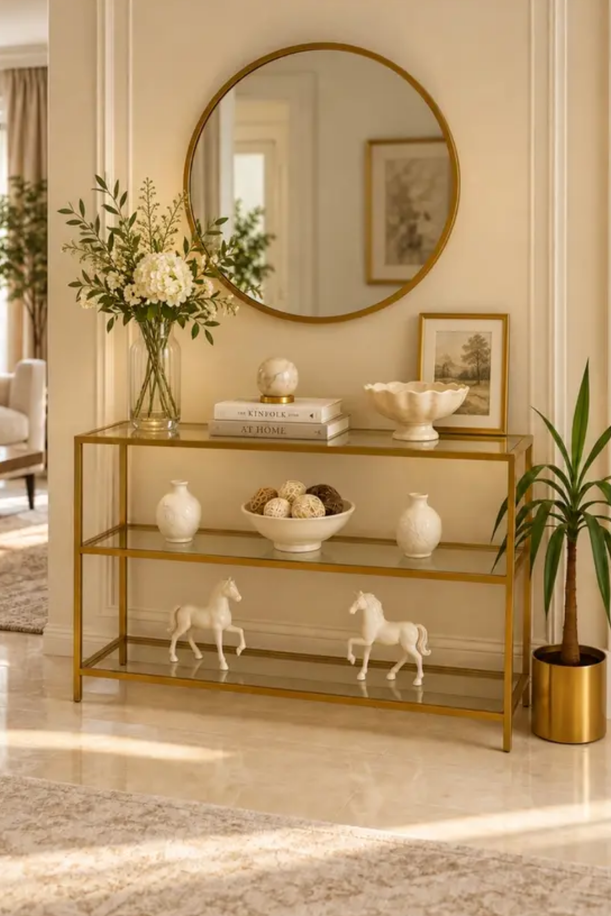 Reyo Celestina Şeffaf Camlı Gold Metal Salon Konsol Ünitesi 100cm