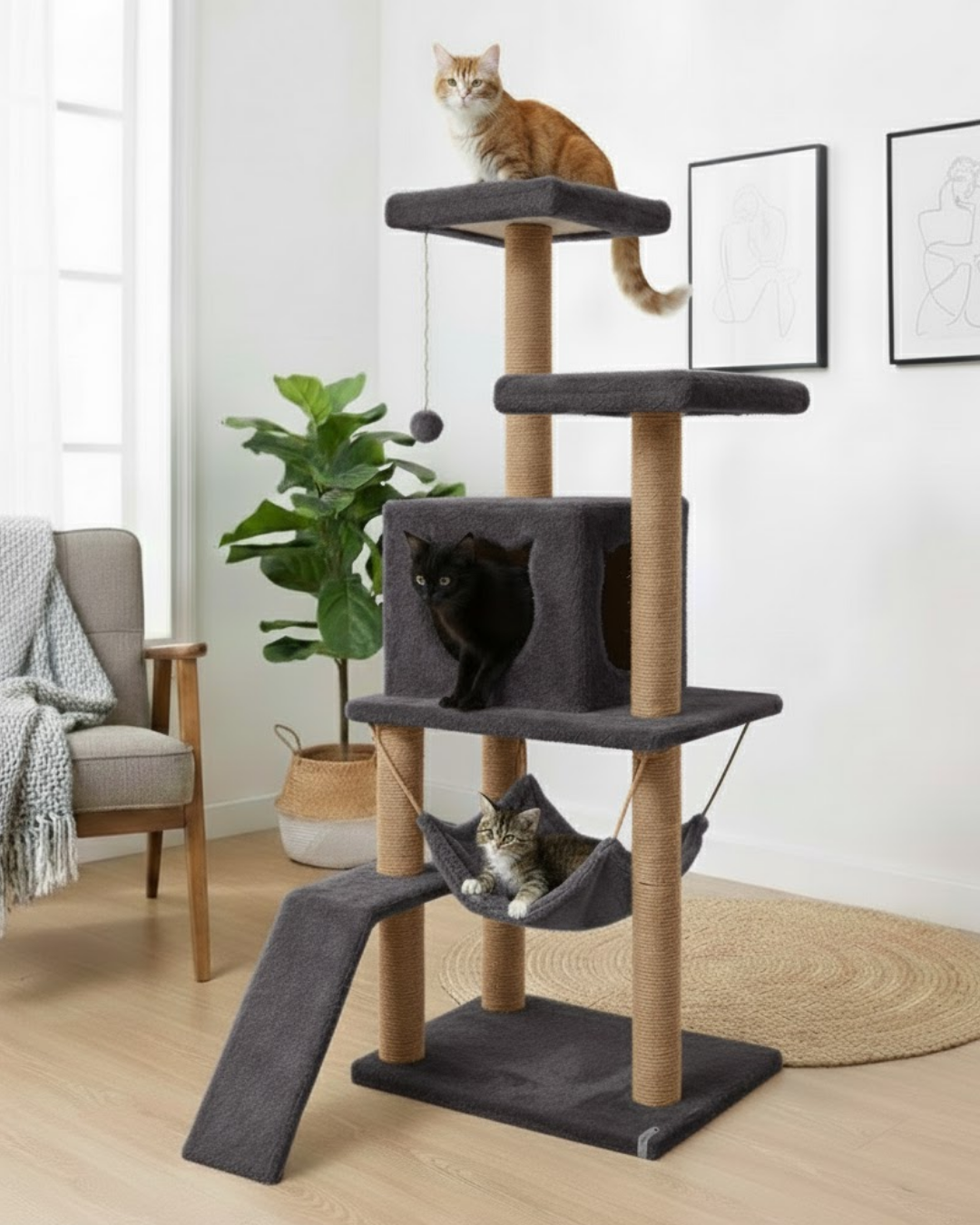Reyo Pet S9 Kedi Tırmalama Kulesi Platformlu 124 cm Antrasit