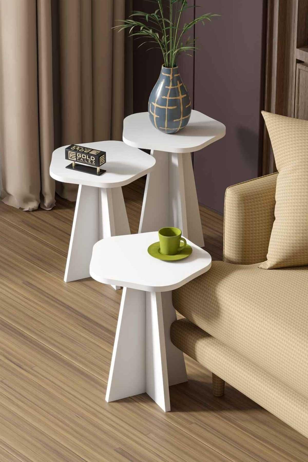 Reyo Falez Zigon Sehpa Dekoratif 3'lü Çok Amaçlı Yan Sehpa Çiçek Formlu Beyaz