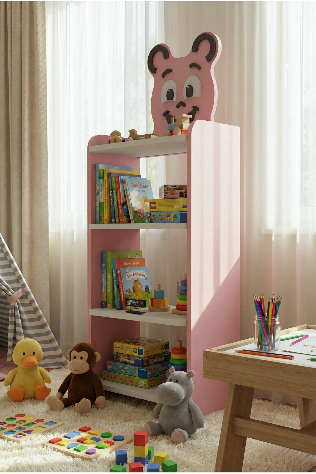 Reyo Falez Çocuk Kitaplık Happy Face 4 Raflı, Sevimli Figürlü Düzenleyici Raf Sistemi - 8025 Pembe