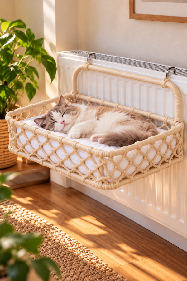 Tasaryum 48x35 cm Kedi Köpek Kalorifer Yatağı, Radyatöre Asılan Kedi Hamağı, Puf Minderli El Yapımı Evcil Hayvan Yatağı – Krem
