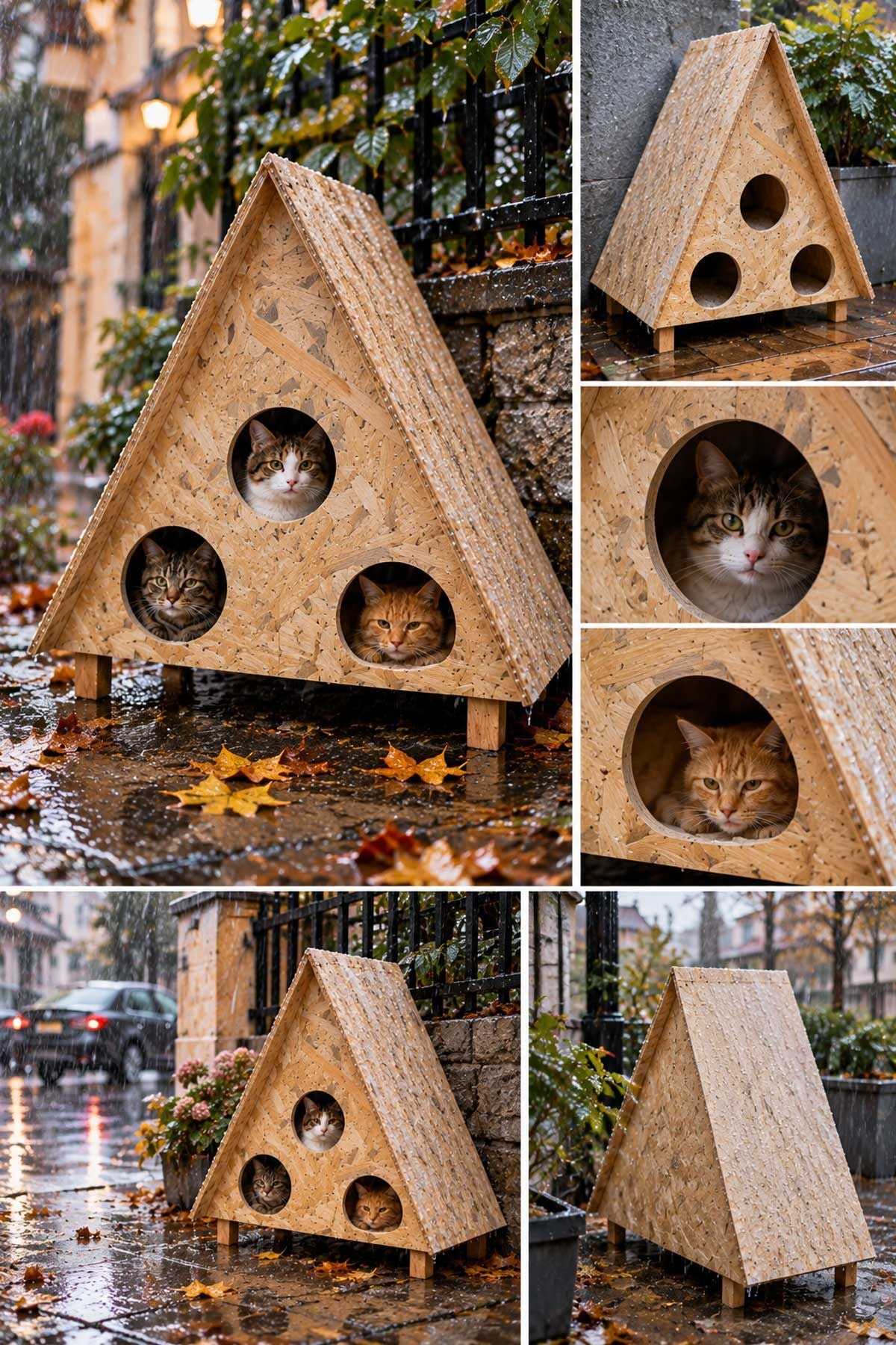 Reyo 3 Bölmeli 3 Kedilik Büyük Boy Kedi Evi, Dış Ortam Uygun Ahşap Kedi Yuvası, Kedi Barınağı OSB 78x76x35 cm CAT21