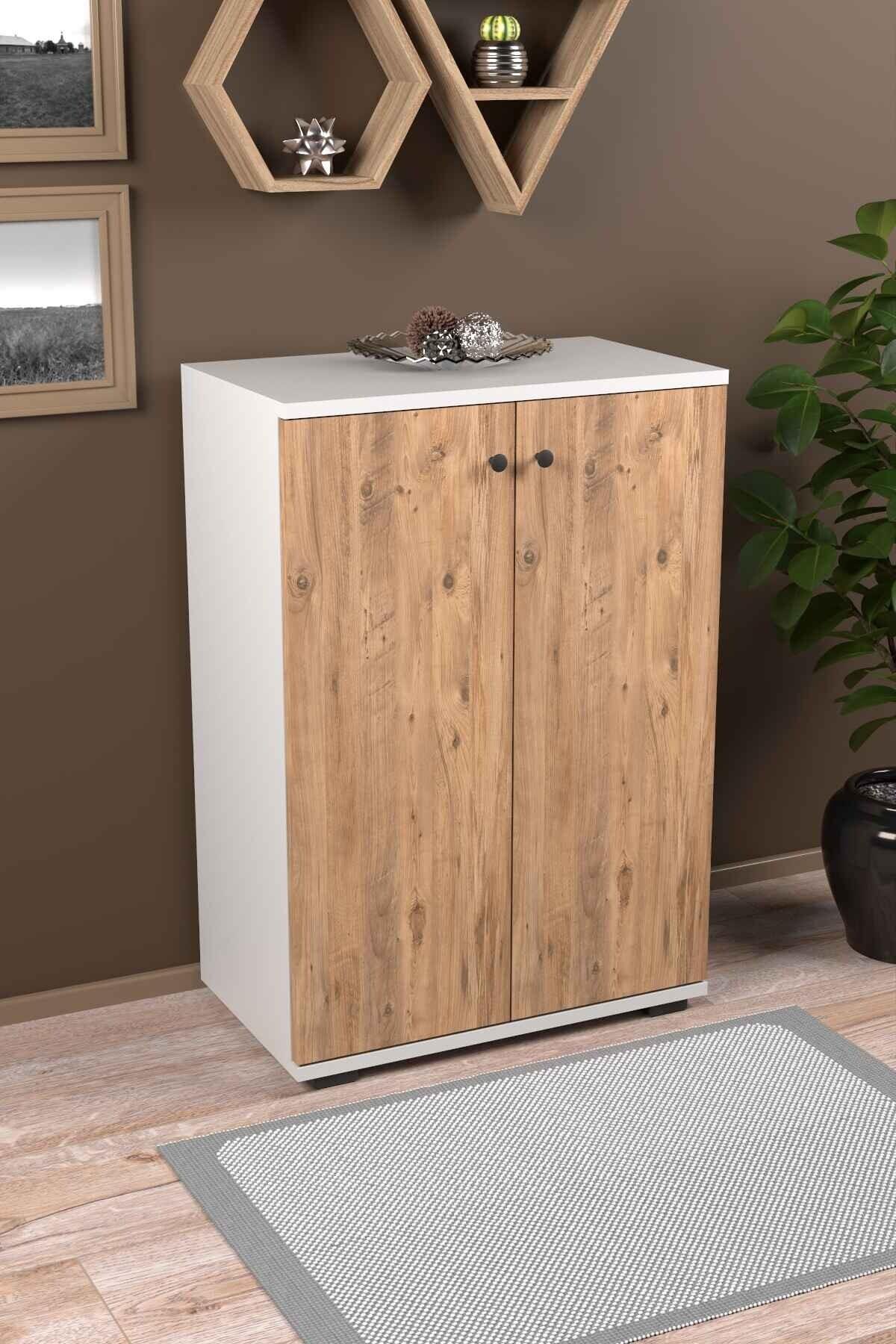 Reyo Falez Ayakkabılık Çok Amaçlı Dolap 5 Raflı 2 Kapaklı Çam-Beyaz