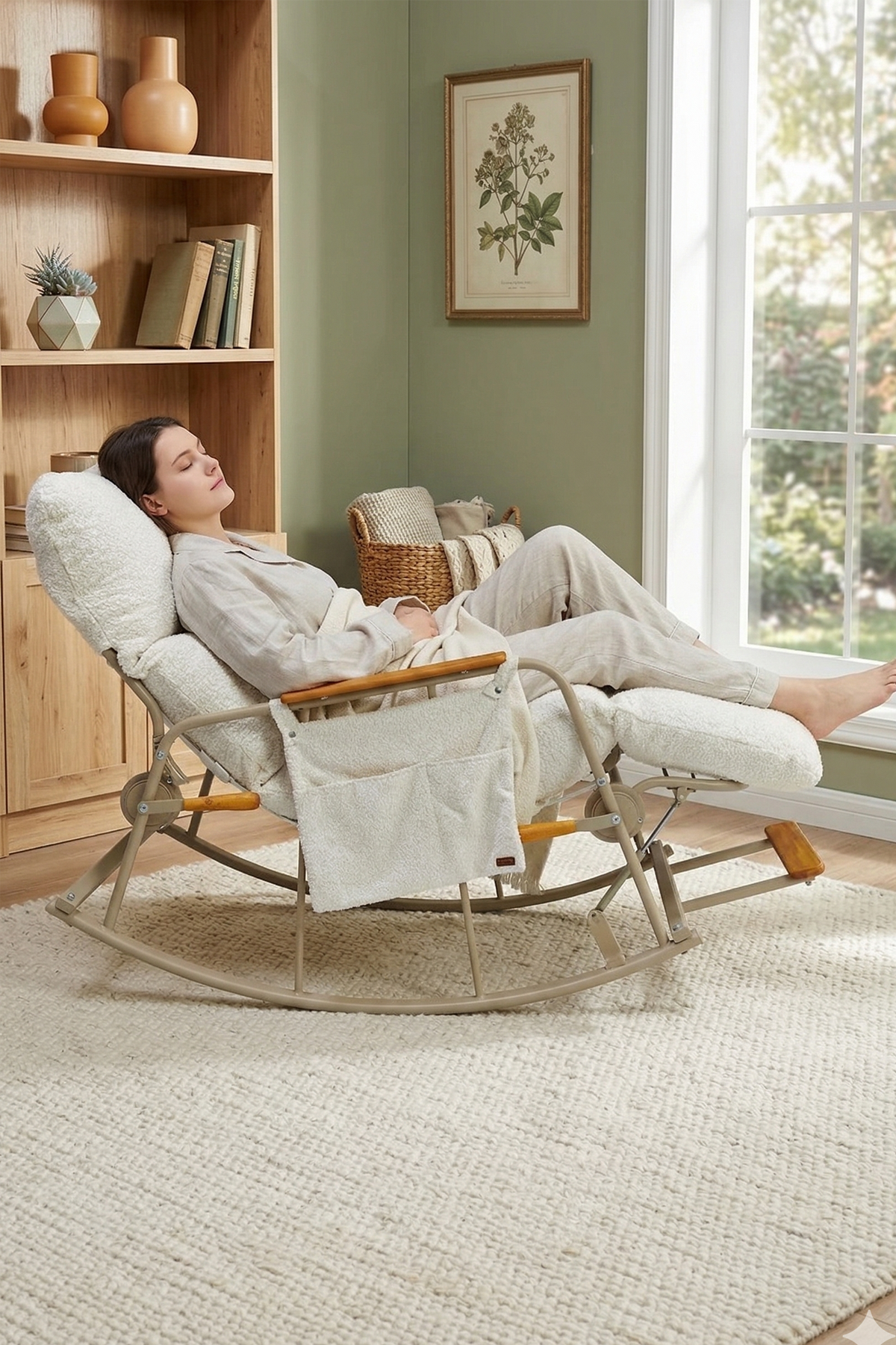 Dy Home Ayarlanabilir Mekanizmalı Sallanan Koltuk, TV Koltuğu, Sallanan Sandalye Krem Dokuma Kumaş 