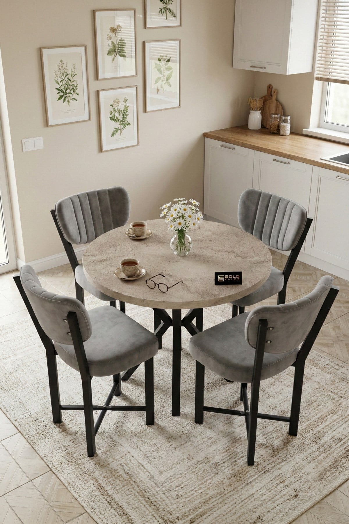 Reyo Falez Elma 90 cm 4 Sandalyeli Yuvarlak Masa Takımı Modern Mutfak Balkon Kafe Yemek Masası Seti - Traverten Gri 9866