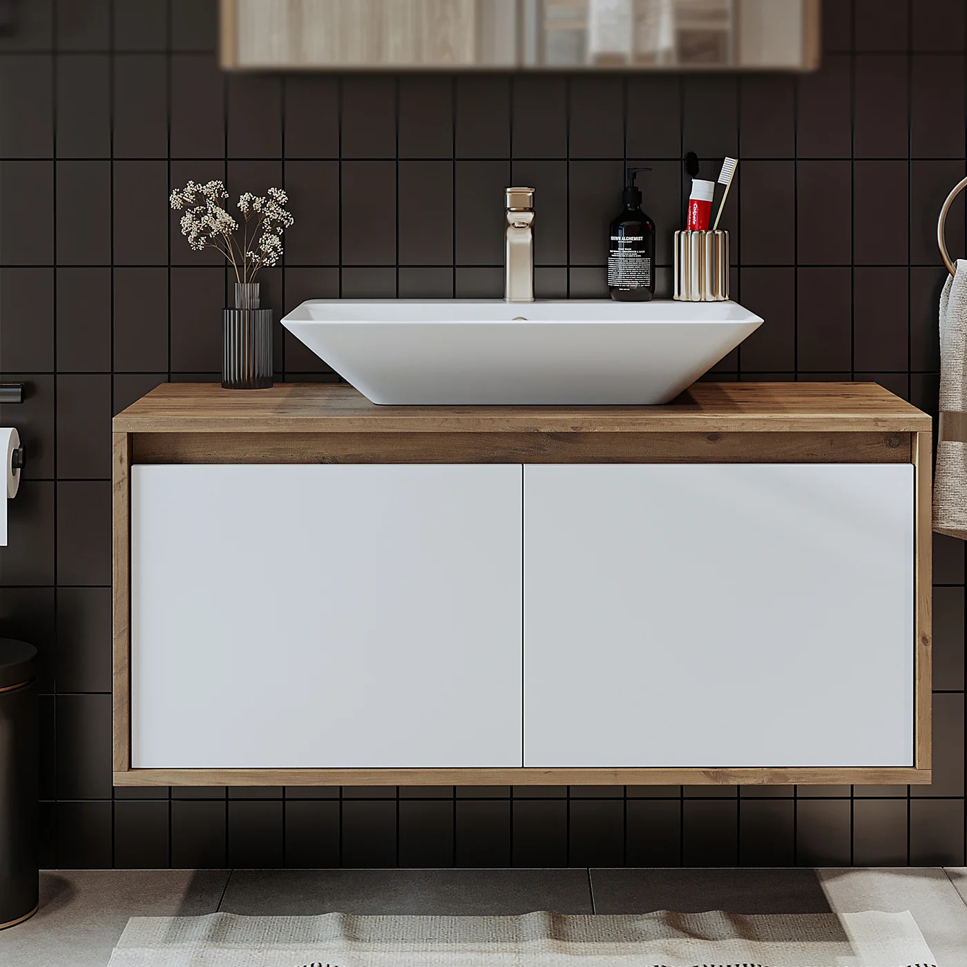 RoomArt Banos Banyo Tm7.2 Ayaksız 2 Kapaklı Lavabolu Ahşap-Mat Beyaz Mdf 65 cm Banyo Dolabı + Aynalı Banyo Üst Dolabı