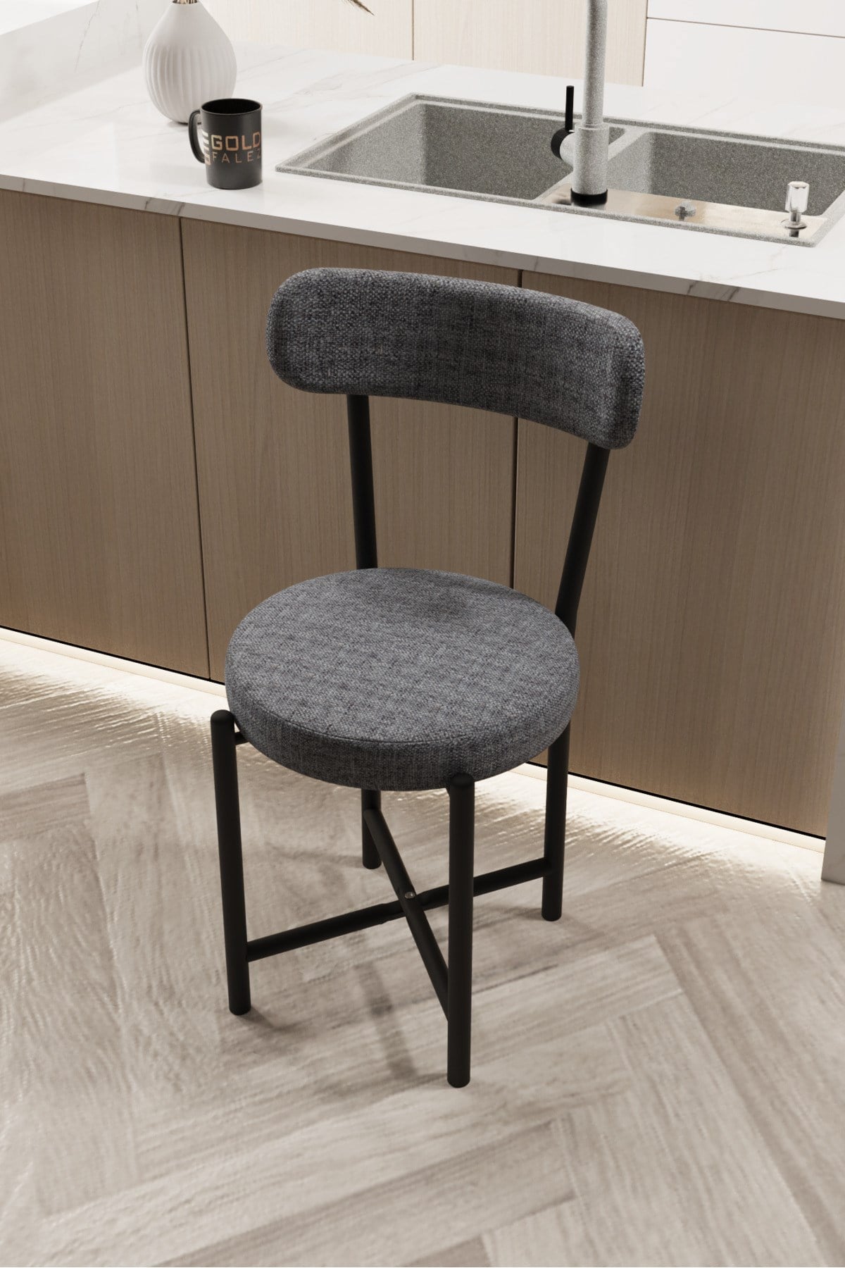 Reyo Falez Sandalye 1 Adet Keten Kumaş Metal Ayak Modern Mutfak Sandalyesi Cafe Balkon Ofis Teddy 9816 Gri