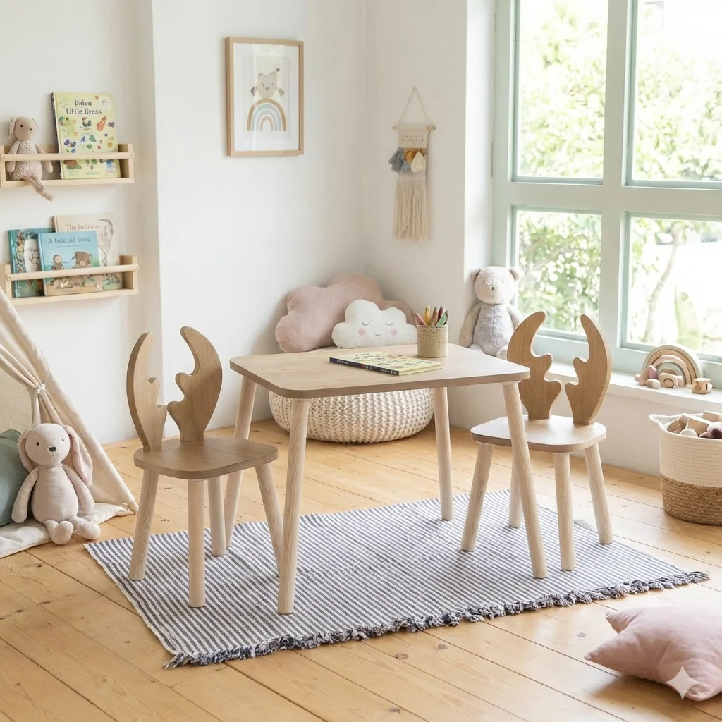 Alfa Country Montessori Geyik Sandalyeli Çalışma Masası 2 Sandalye 1 Masa Kahverengi