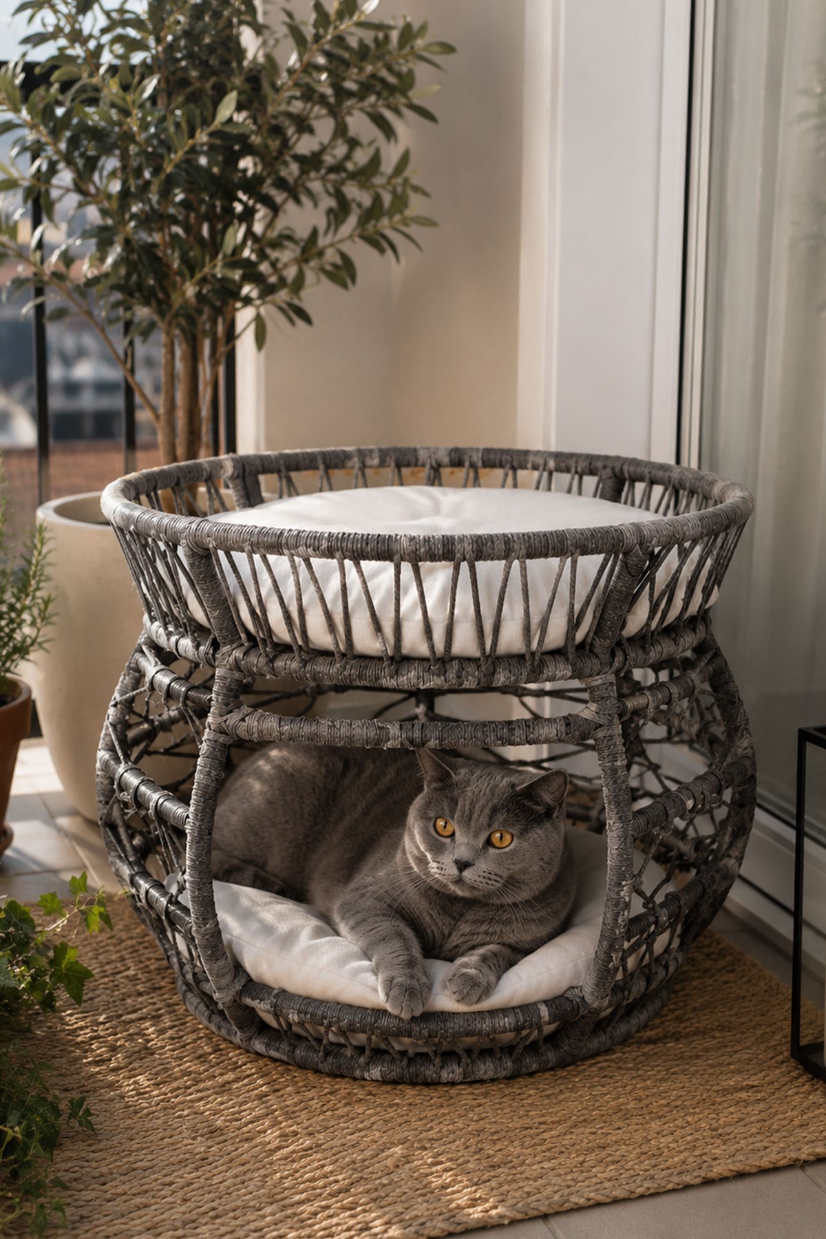 Reyo Pet Lüxperi Bombeli Kedi Ranzası 2 Katlı Kedi Yatağı Gri