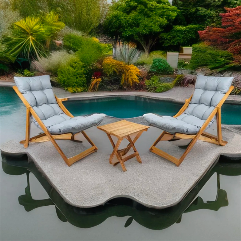 Bysay Ahşap Katlanır Taşınır Puf Minderli Şezlong Plaj Bahçe Teras Balkon İçin 3'lü Set Gri SM7721001