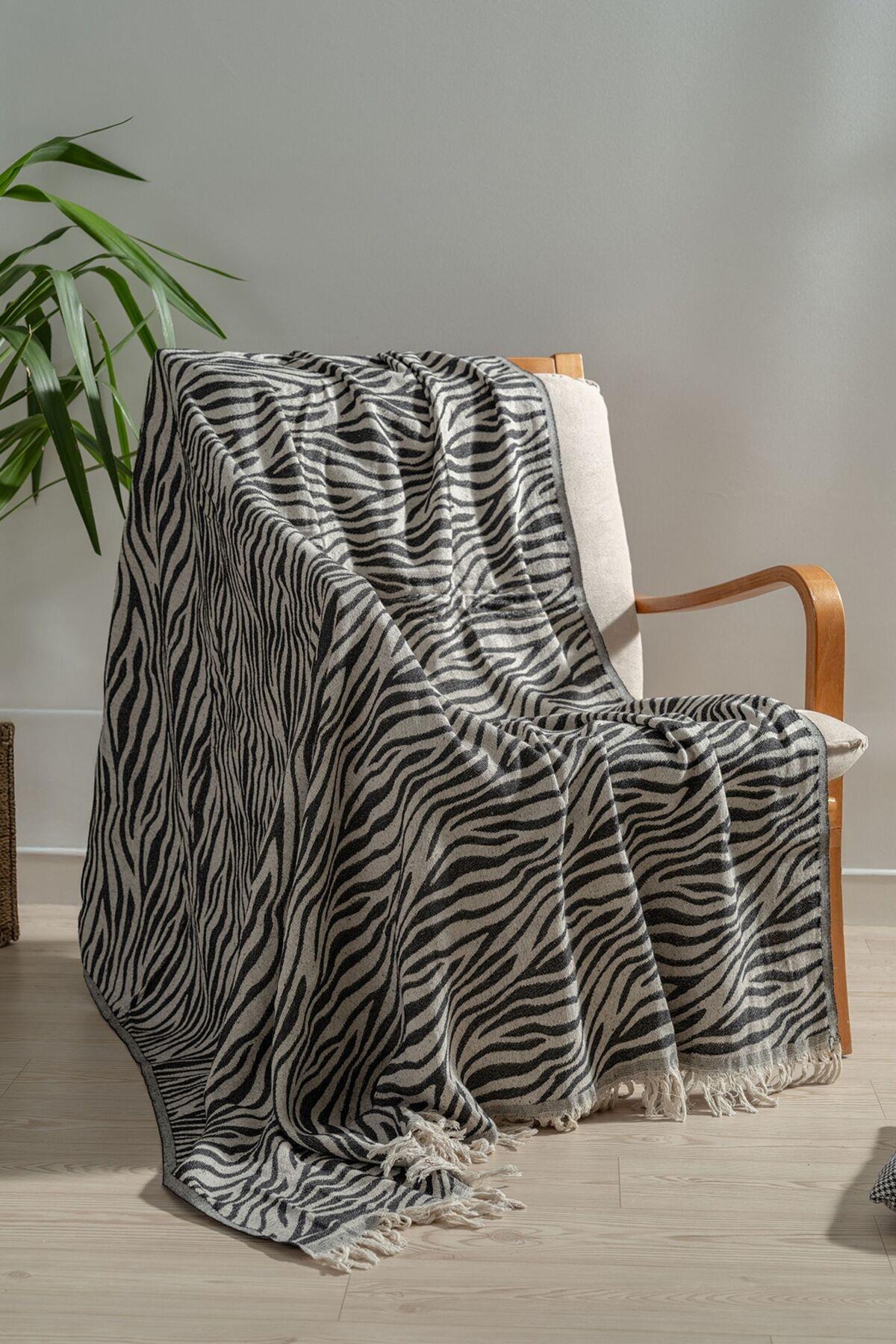 Mylasa Home 100% Pamuklu Koltuk Şalı TV Battaniyesi,130x170 cm Yüksek Kaliteli Pamuklu Kumaş Siyah Zebra