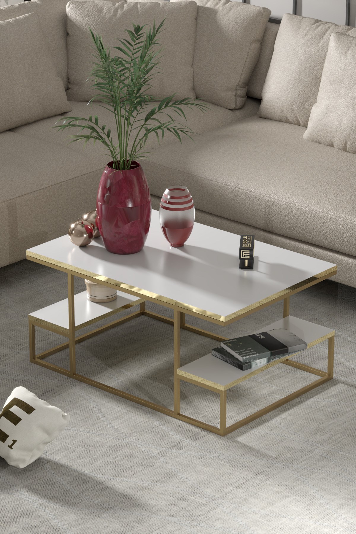 Reyo Falez Deluxe Raflı Orta Sehpa 60x90 cm Modern Dikdörtgen Orta Sehpa Gold Beyaz 