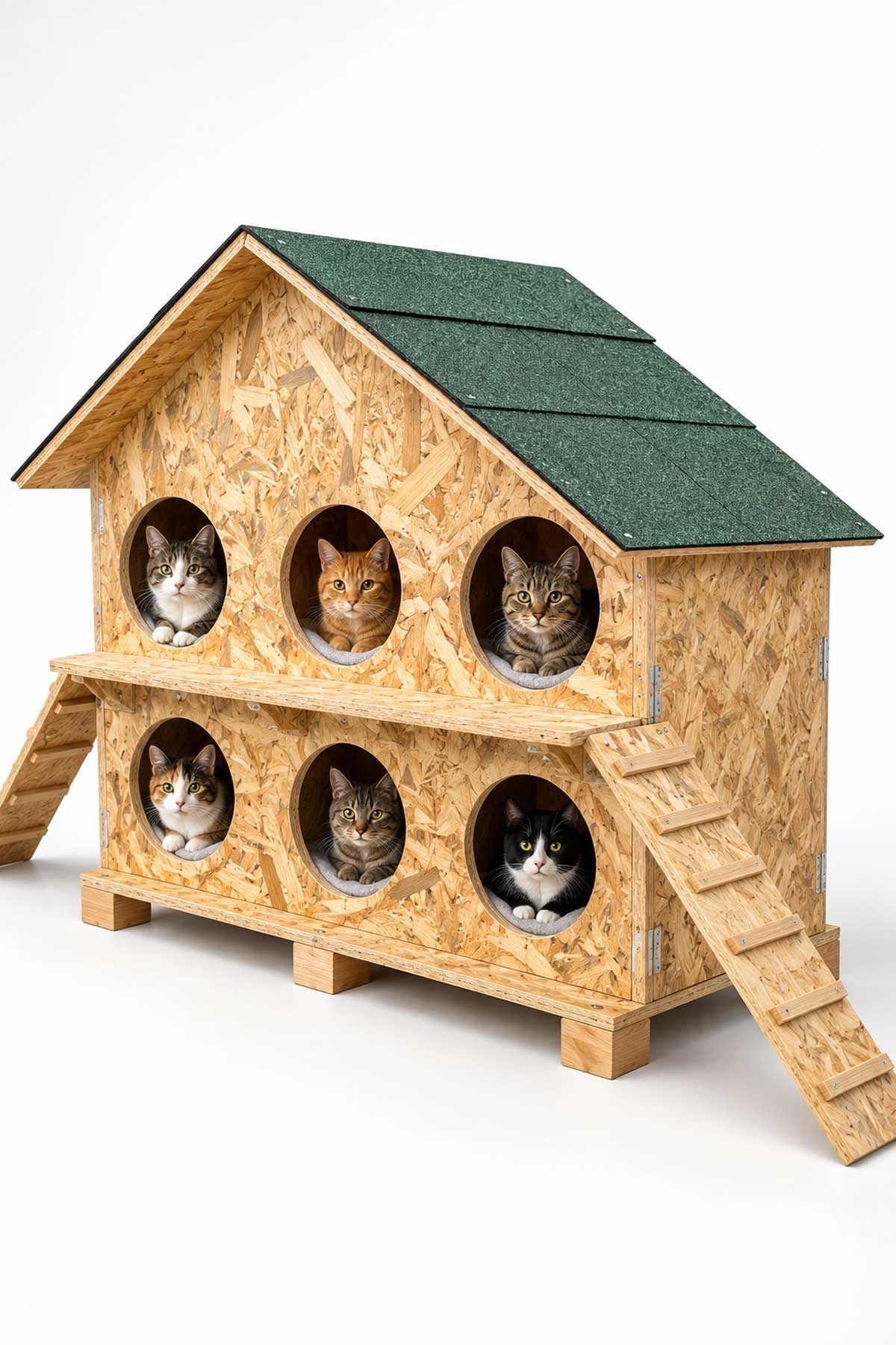 Melada 6 Bölmeli Kedi Evi Dış Ortam Uygun Ahşap Kedi Barınağı, Yetişkin Kedi Evi Su Yalıtımlı Rüzgar ve Soğuğa Dayanıklı OSB 100x95x50 cm MLD0CAT27