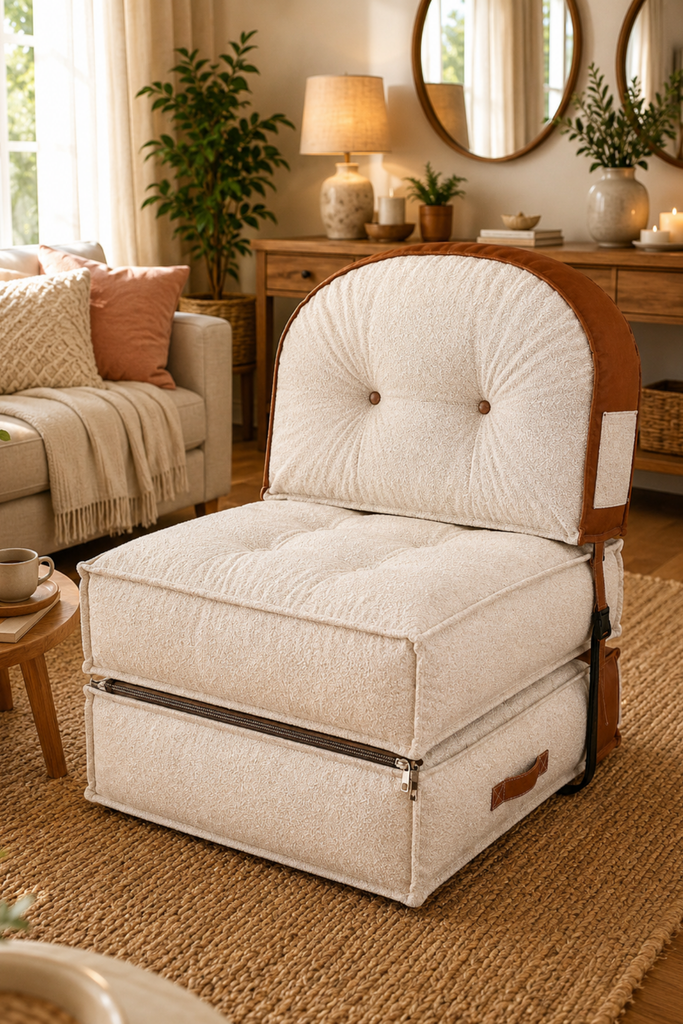 Pufymax Comfy Zen Oval Bohem Tekli Koltuk Yatak Olabilen Katlanır Berjer & Modüler Yer Yatağı 75x75x 90 cm Ekru
