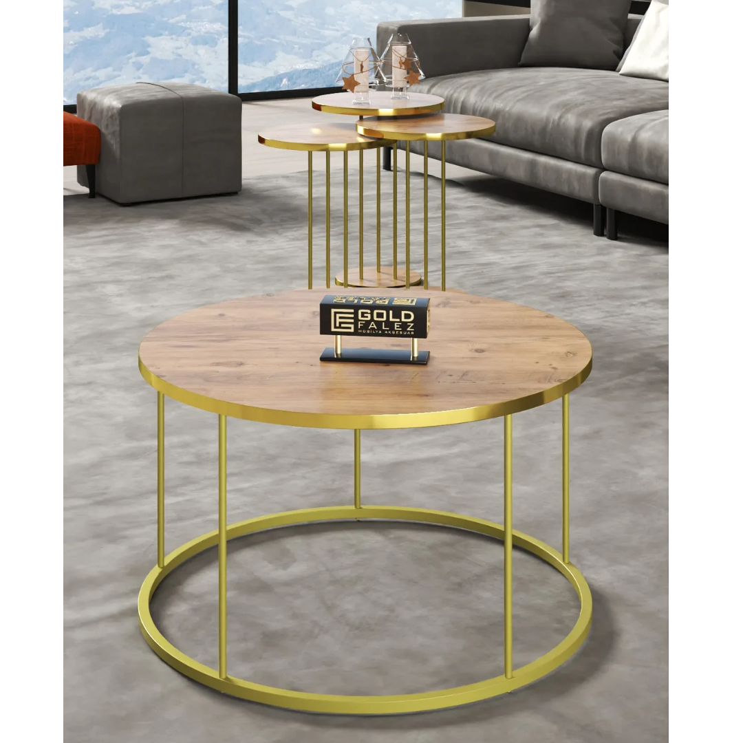 Gold Falez Orta Sehpa ve Zigon Sehpa Terra Set Altın Ceviz