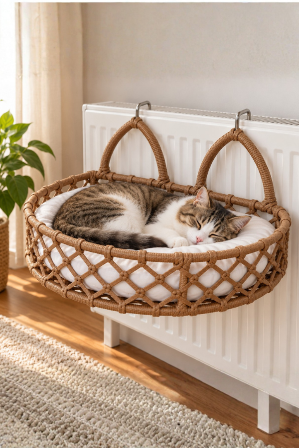 Tasaryum Kedi Köpek Kalorifer Yatağı, Radyatöre Asılan Hamak Tipi Minderli Kedi Yatağı Kahverengi