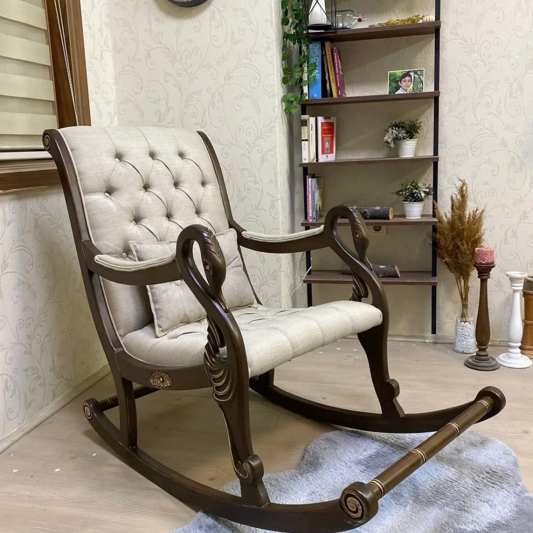 Asedia Vintage Kuğu Ceviz Krem El Oyması Ahşap Sallanan Sandalye Dinlenme Koltuğu Berjer