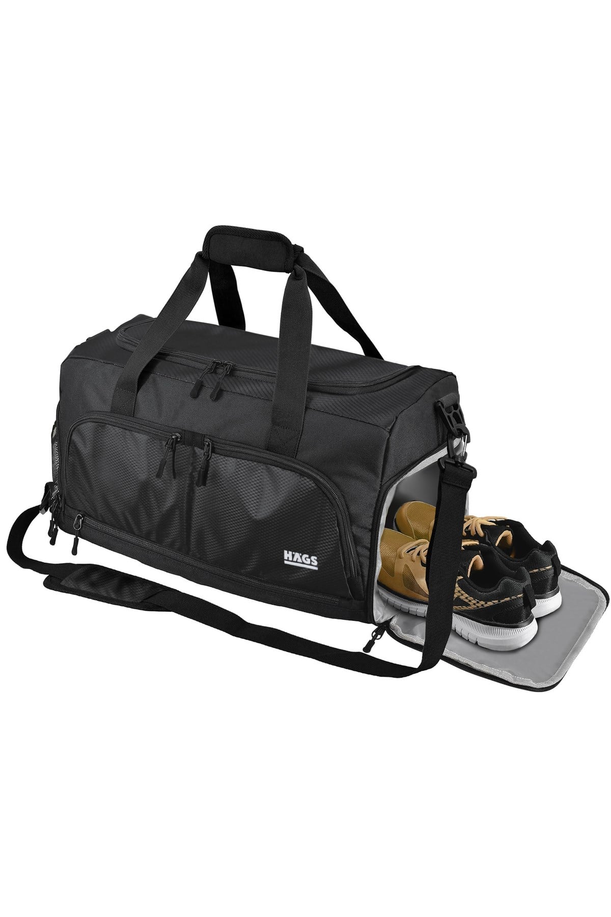 HAEGS Spor Çantası, 10 Cepli, Ayakkabı bölmeli, Su Geçirmez Islak Eşya Keseli, Organizer Tasarımlı Dayanıklı Bay Bayan Seyahat Çantası, Gym, Fitness Çantası, Medium - Siyah