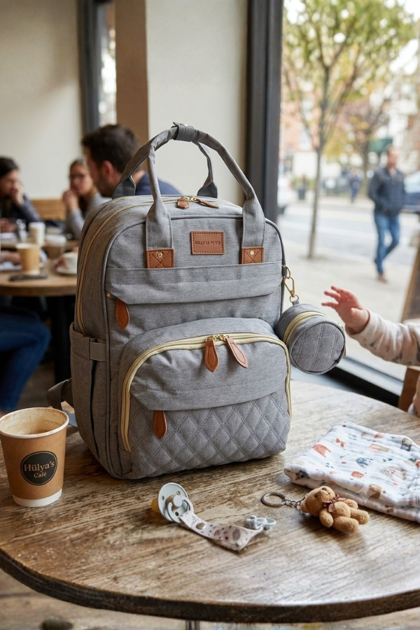 Boule de Petite Anne Bebek Bakım Çantası, Çok Bölmeli Organizer Bebek Çantası, Termal Biberon Bölmeli, Su Geçirmez Sırt Çantası Gri