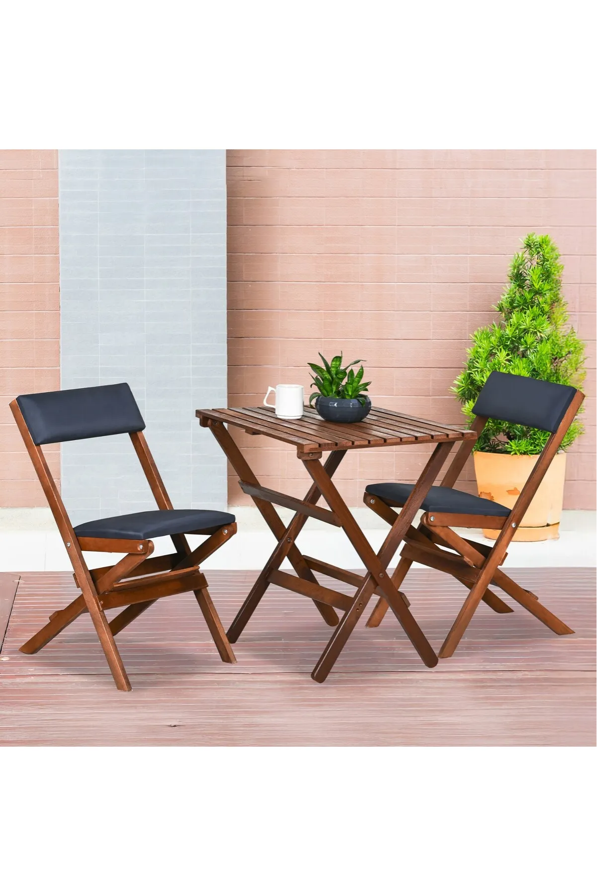 BySay Ahşap Katlanır Döşeme Minderli 3'lü Bistro Set Bahçe Takımı Ceviz Antrasit