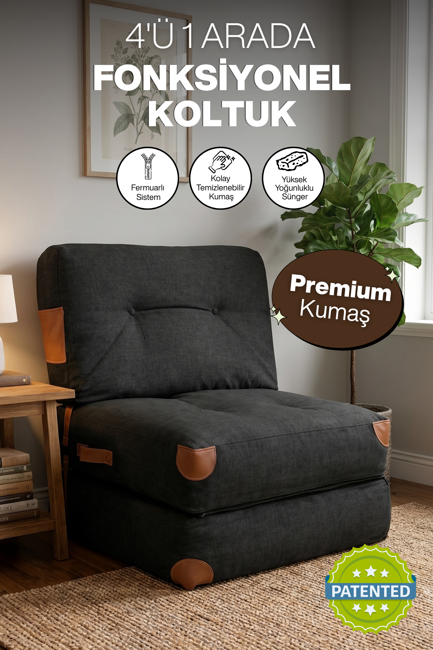 Pufymax Comfy Yeni Nesil Bohem Tekli Koltuk Yatak Olabilen Katlanır Berjer & Modüler Yer Yatağı 75x75x 85 cm Keten Siyah