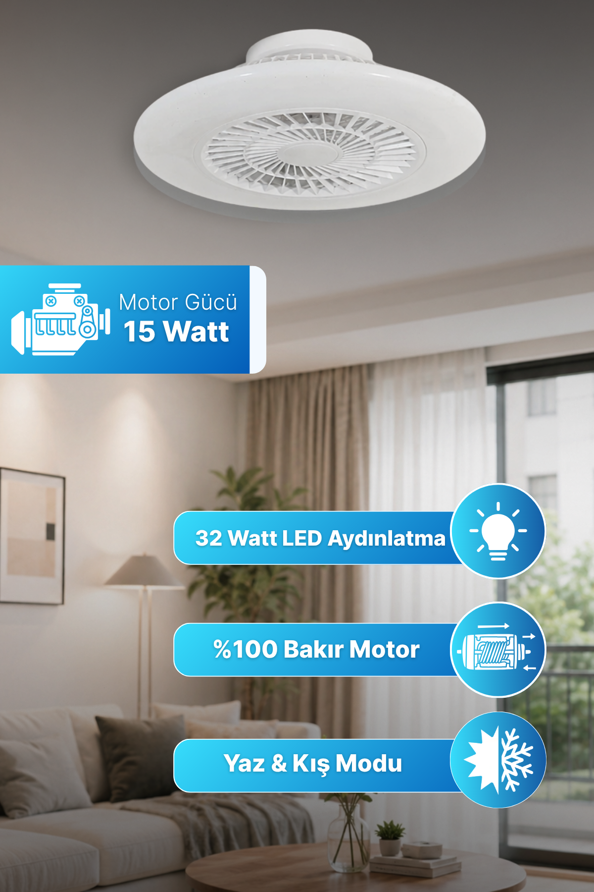 Reyo Akyel Uzaktan Kumandalı 60 cm LED Tavan Vantilatörü Beyaz