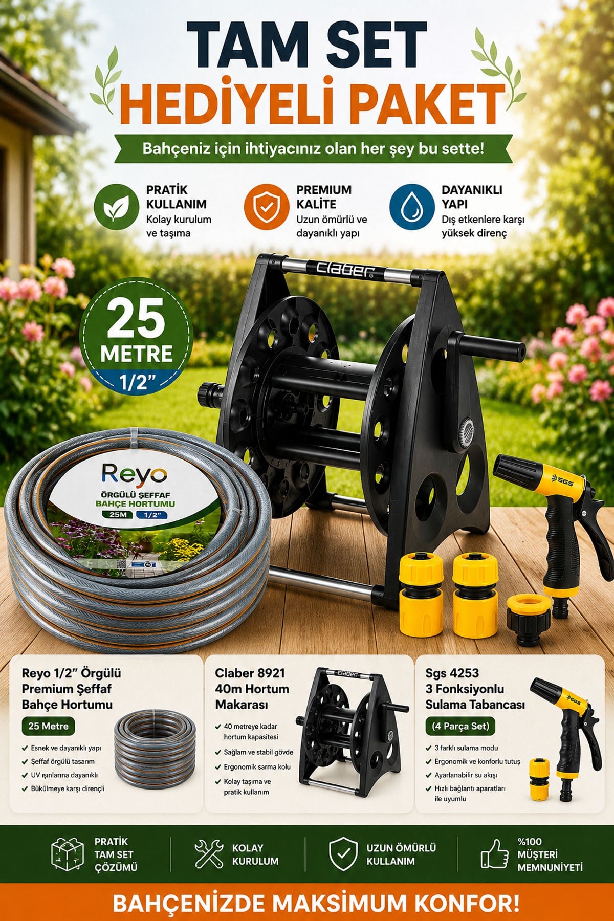 Claber 8921 40m Hortum Makarası + 25M Bahçe Hortumu + 3 Fonksiyonlu Sulama Tabancası, Tam Set