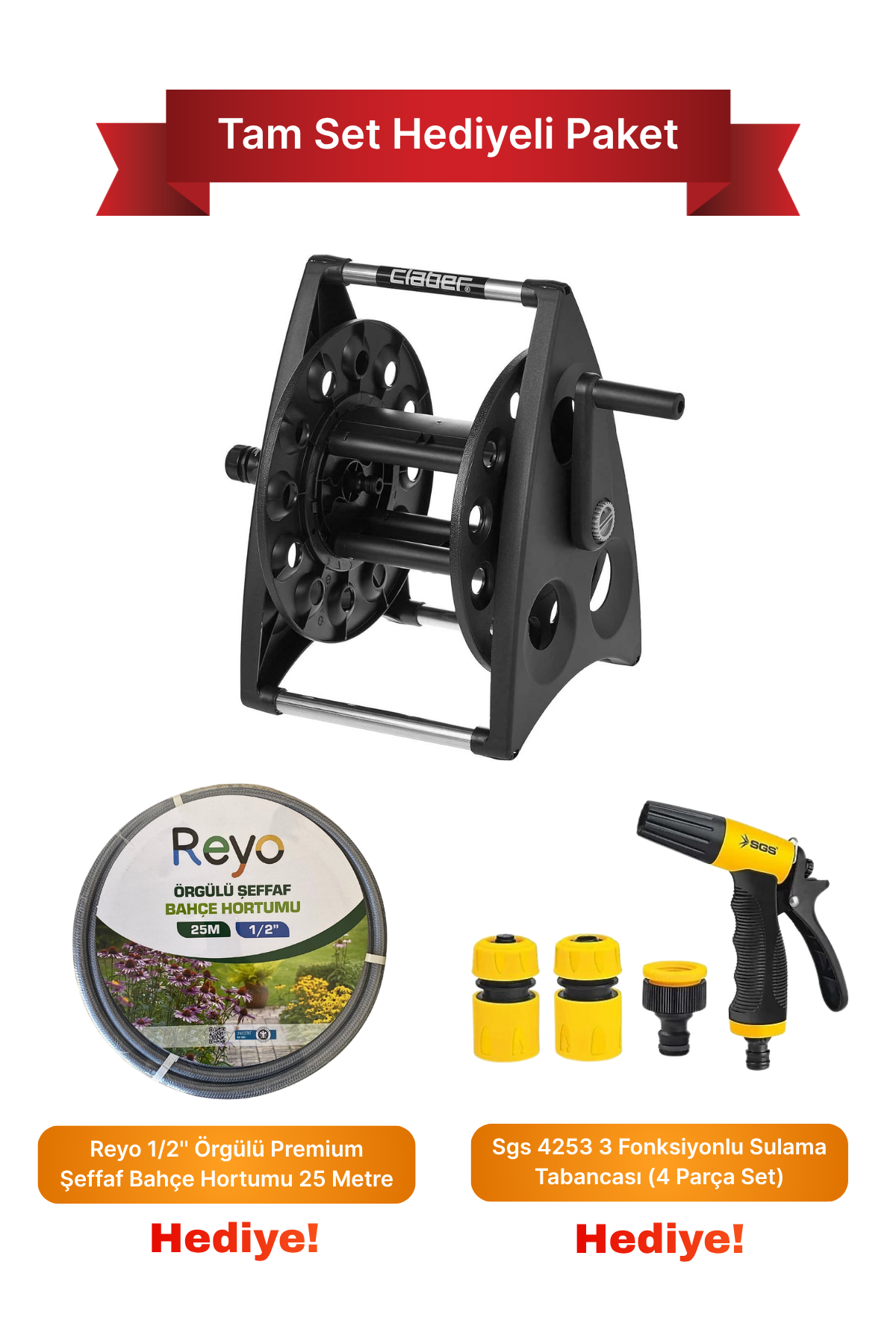 Claber 8921 40m Hortum Makarası + 25M Bahçe Hortumu + 3 Fonksiyonlu Sulama Tabancası, Tam Set