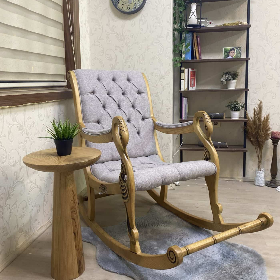 Asedia Vintage Kuğu Naturel Taş Rengi El Oyması Ahşap Sallanan Sandalye Dinlenme Koltuğu Berjer