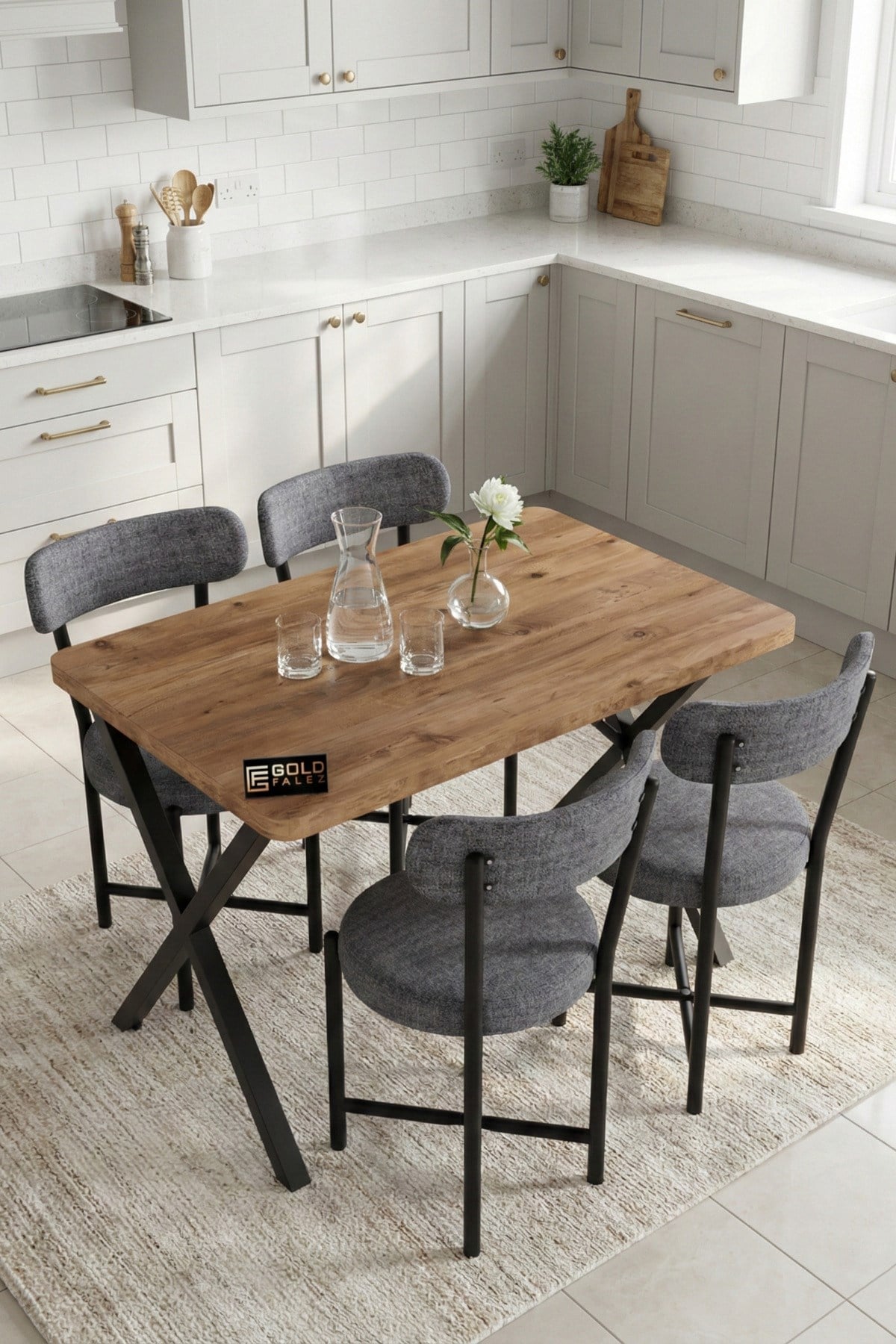 Reyo Falez Elma 110x70 cm Masa Takımı 4 Sandalyeli Modern Mutfak Balkon Kafe Yemek Masası Seti Atlantik Çam - Gri 9880