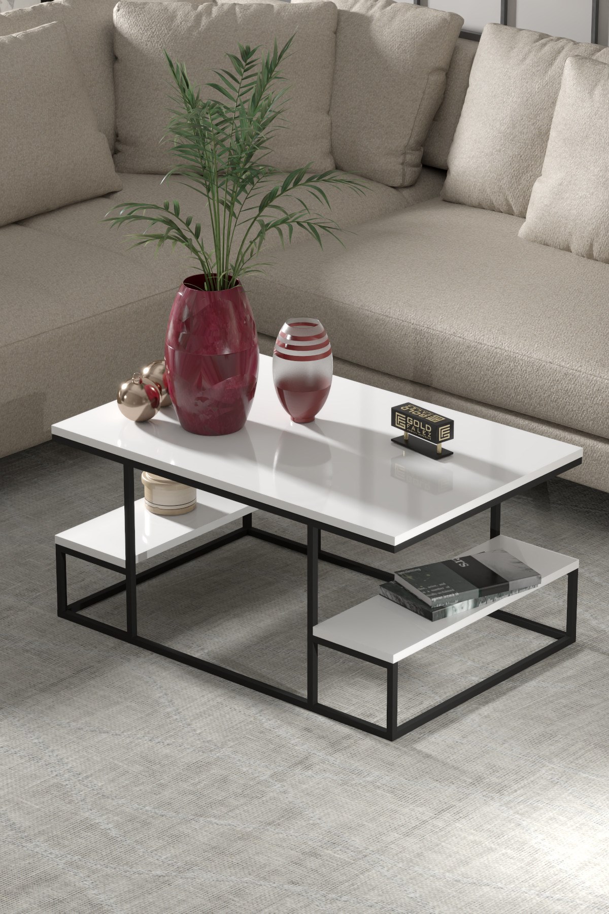 Reyo Falez Deluxe Raflı Orta Sehpa 60x90 cm Modern Dikdörtgen Orta Sehpa Beyaz 