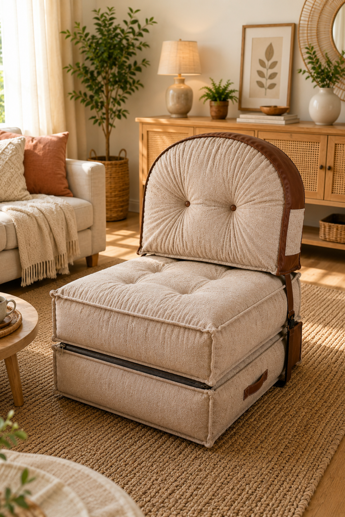 Pufymax Comfy Zen Oval Bohem Tekli Koltuk Yatak Olabilen Katlanır Berjer & Modüler Yer Yatağı 75x75x 90 cm Altın