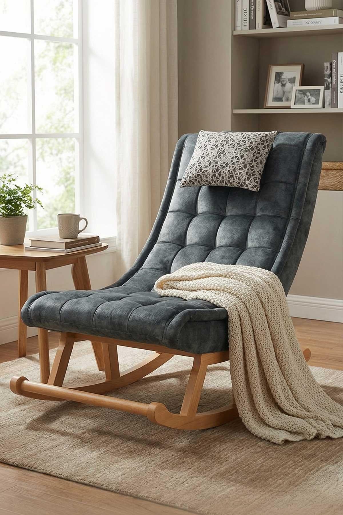 Asedia Miskin Naturel Antrasit Gri Ahşap Sallanan Sandalye Dinlenme Emzirme Baba Tv Okuma Koltuğu Berjer MSS