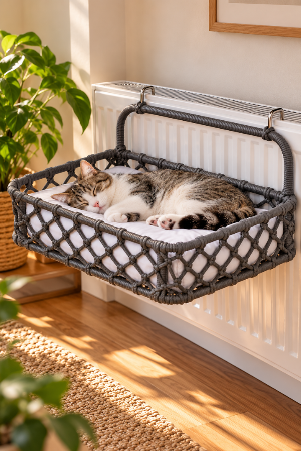 Reyo Tasaryum 48x35 cm Kedi Köpek Kalorifer Yatağı, Radyatöre Asılan Kedi Hamağı, Puf Minderli El Yapımı Evcil Hayvan Yatağı – Füme