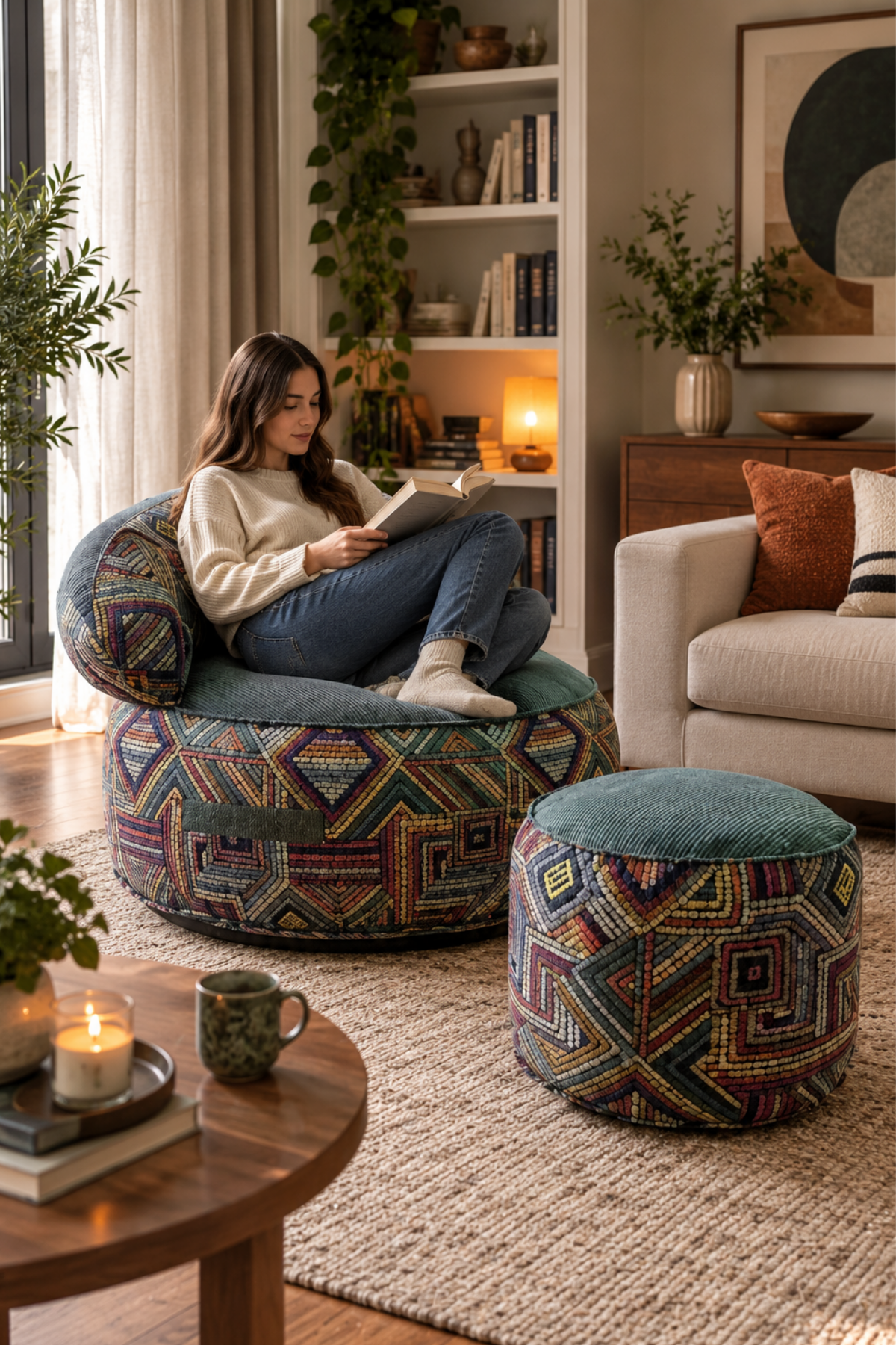 Pufymax Cozy Legom Çok Amaçlı Yuvarlak Puf Koltuk, Rahat Berjer ve Uzanma Koltuğu Yeşil