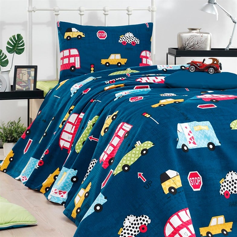 Enlora Home %100 Doğal Pamuk Pike Seti Tek Kişilik Baskılı Paula Mavi Ep-024678