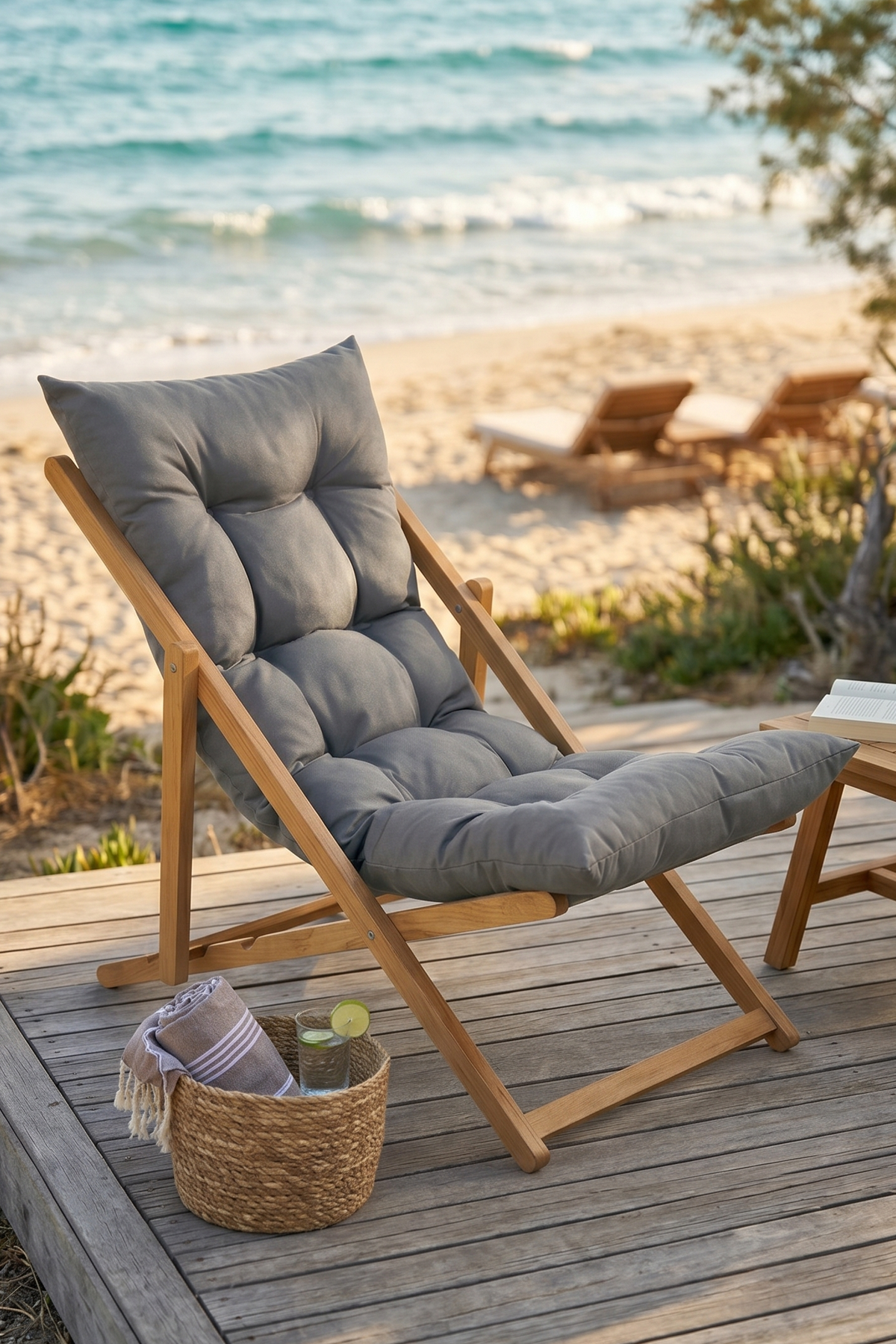 Bysay Ahşap Katlanabilir Taşınır Puf Minderli Plaj, Bahçe, Balkon Şezlong Gri