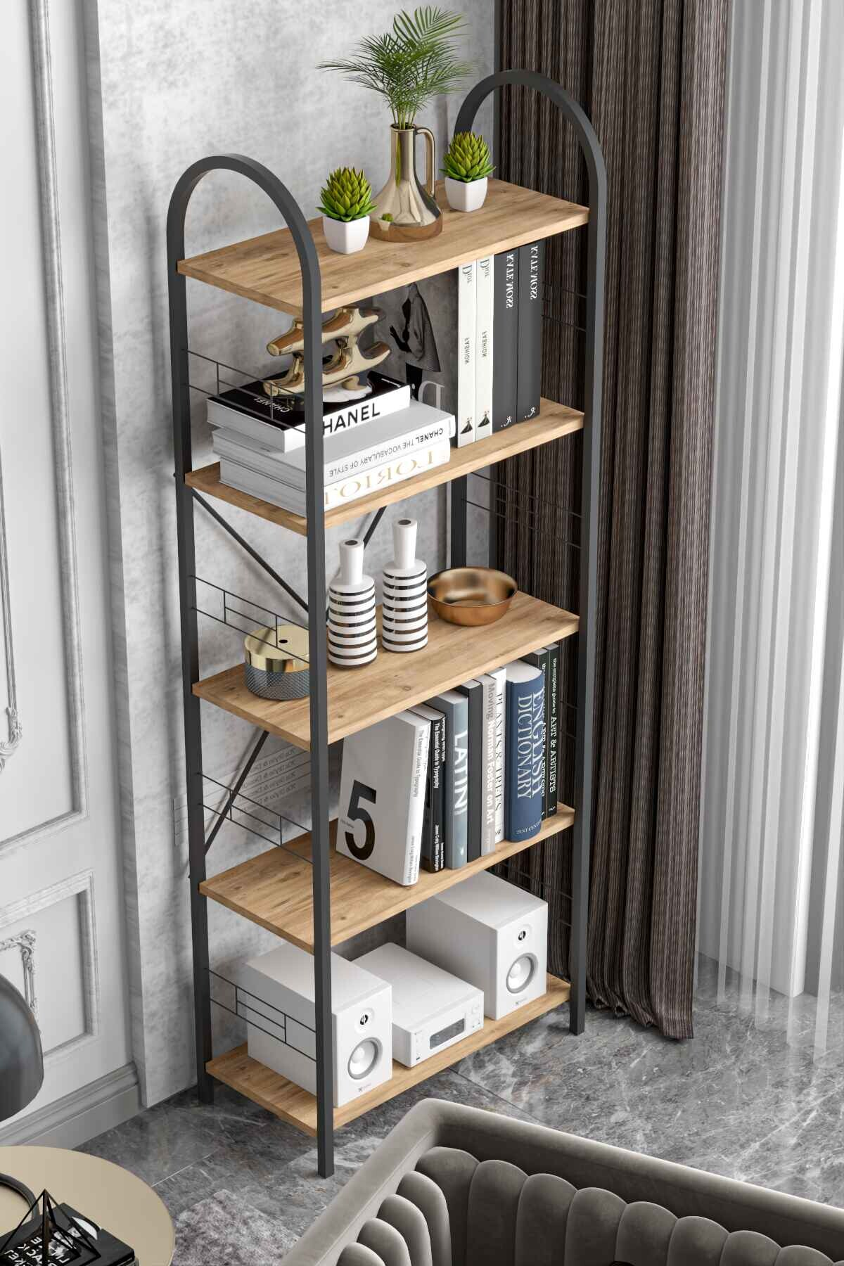 Reyo Falez 5 Geniş Raflı Kitaplık Metal Çerçeveli Modern Raf Çalışma Odası Ofis Salon Kitaplığı Evrak Rafı 180 cm Atlantik Çam