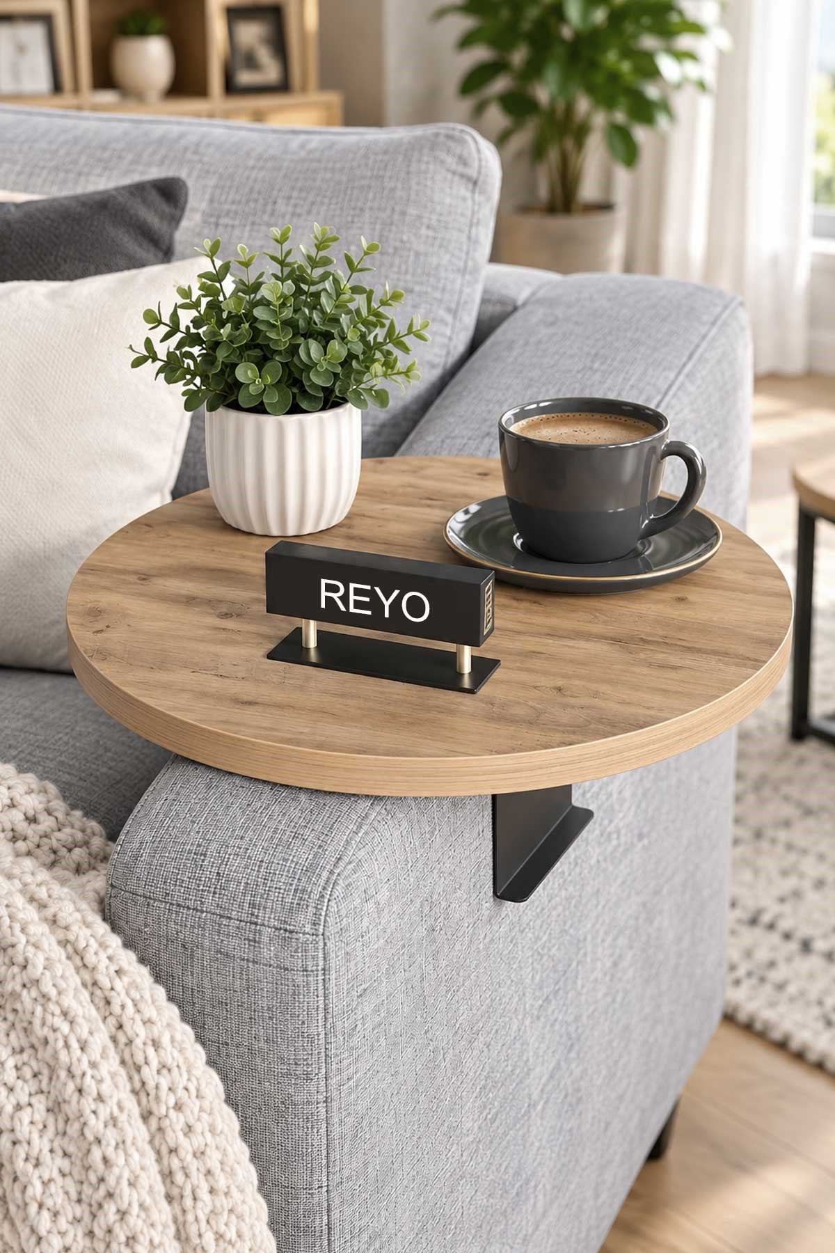 Reyo Falez Dekoratif Yan Sehpa, Yuvarlak, Atlantik Çam, 34 cm Çap, Metal Alt Aparat, Koltuk Koluna Uyumlu, Kolay Montaj