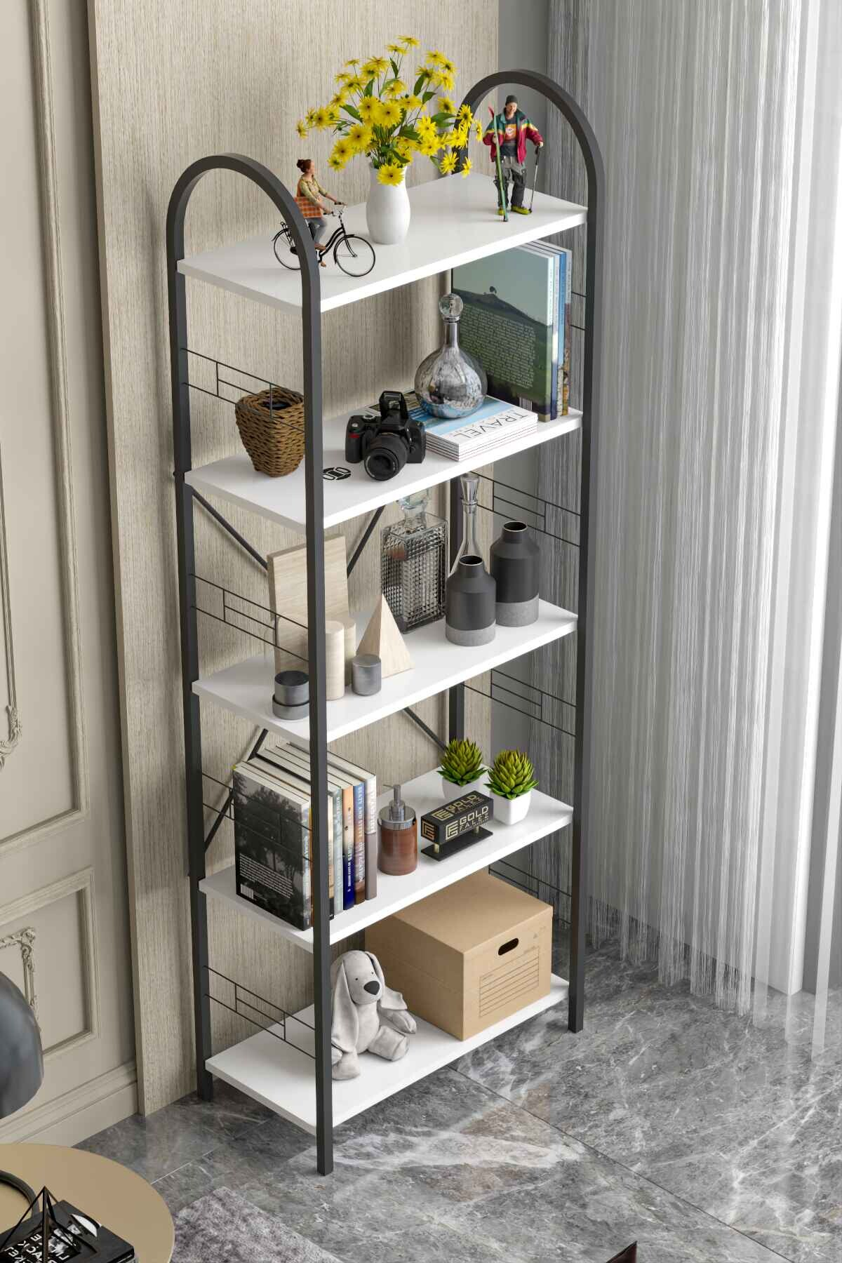 Reyo Falez 5 Geniş Raflı Kitaplık Metal Çerçeveli Modern Raf Çalışma Odası Ofis Salon Kitaplığı Evrak Rafı 180 cm Beyaz