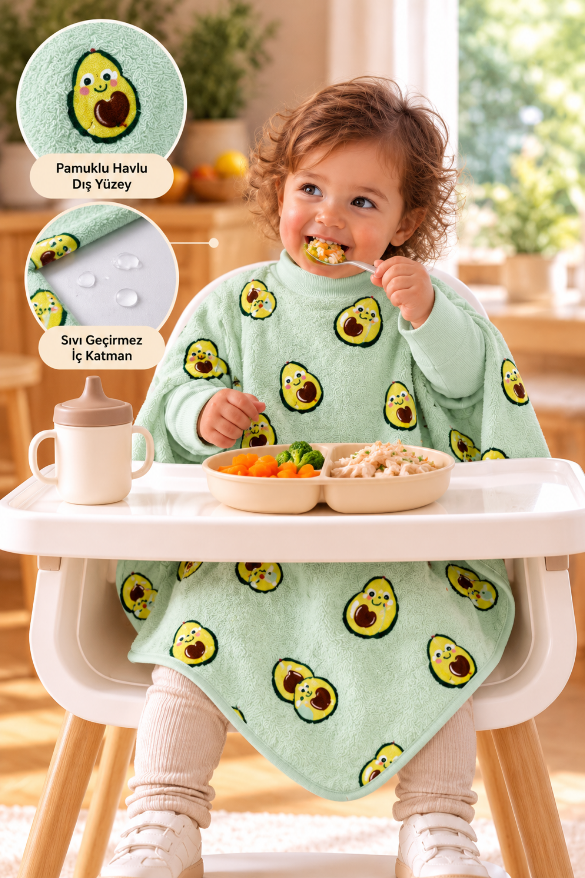 Reyo 6 Ay-6 Yaş Uzun Kollu Bebek Mama Önlüğü, Çocuk Aktivite Önlüğü, Pamuklu, Sıvı Geçirmez İç Katmanlı Havlu Bebek Beslenme Önlüğü - Avocado