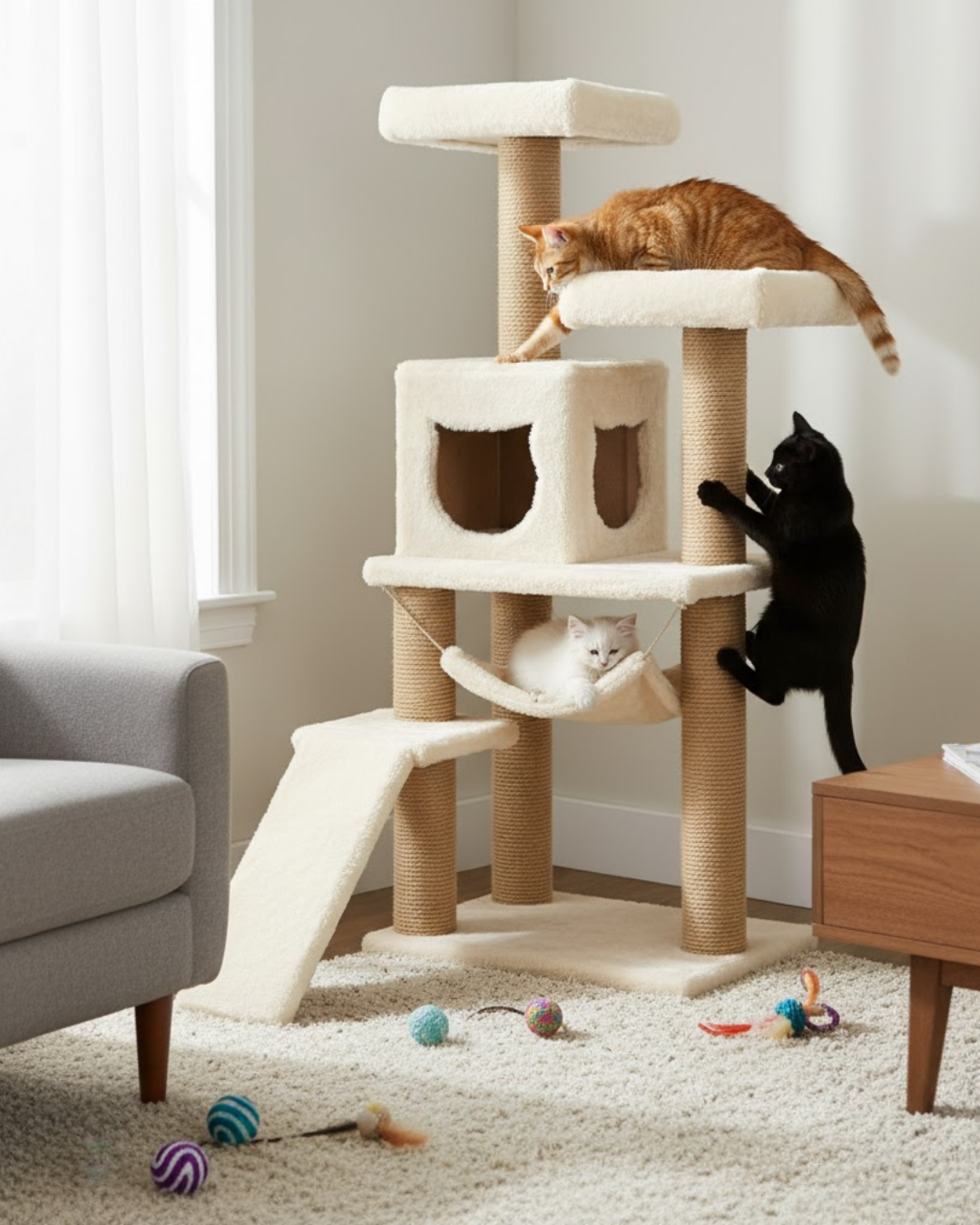 Reyo Pet S-9 Kedi Tırmalama Kulesi Platformlu 124 cm Beyaz