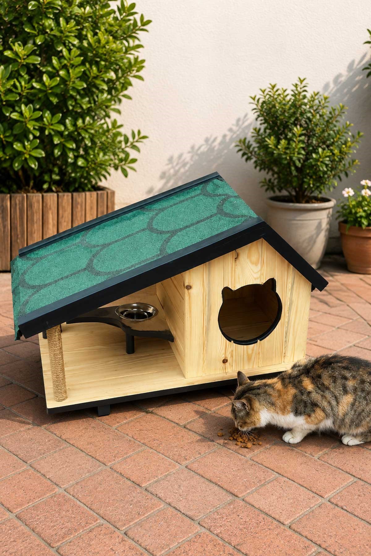 Narım Ahşap Mama Standlı Tırmalama Tahtalı Özel Tasarım Kedi Barınağı, Kedi Barınağı 74x45 cm
