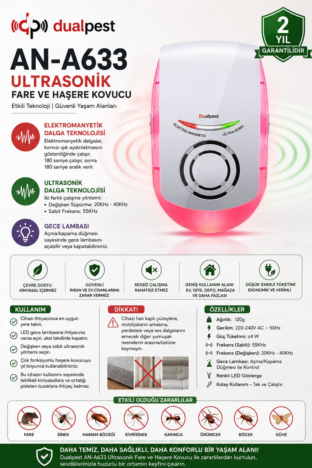 Dualpest AN-A633 Ultrasonik Fare, Haşere, Sinek, Böcek Kovucu